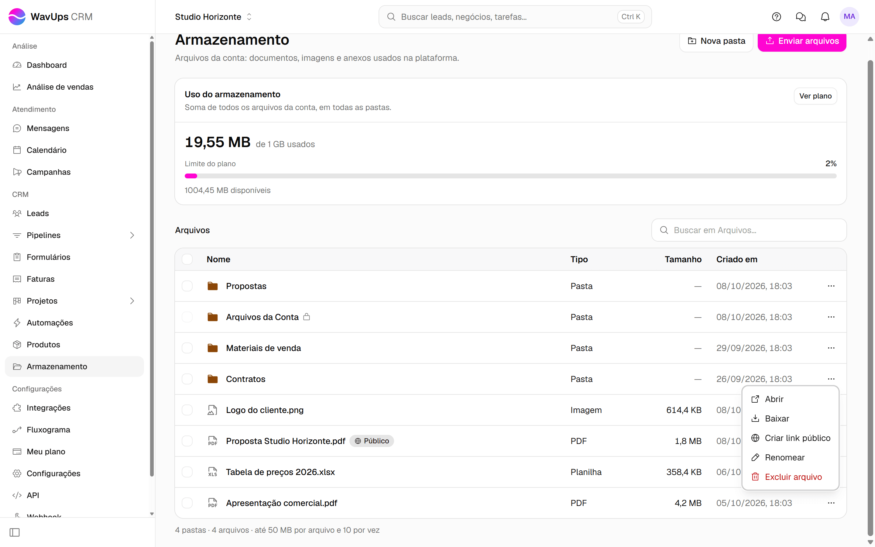 Menu de ações de um arquivo do Armazenamento, com as opções Baixar, Criar link público, Renomear e Excluir.