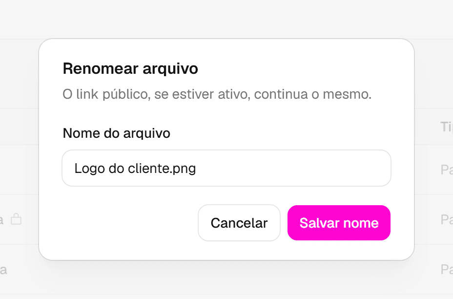 Diálogo Renomear arquivo com o campo do nome e o botão Salvar nome.