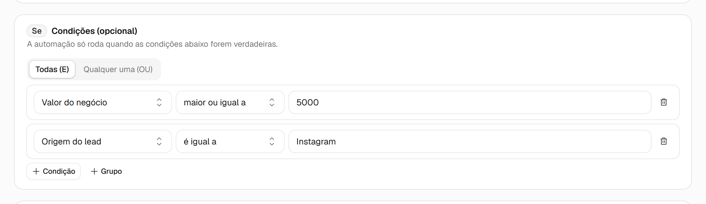 Bloco Se com duas condições: Valor do negócio maior ou igual a 5000 e Origem do lead é igual a Instagram, combinadas com Todas (E).