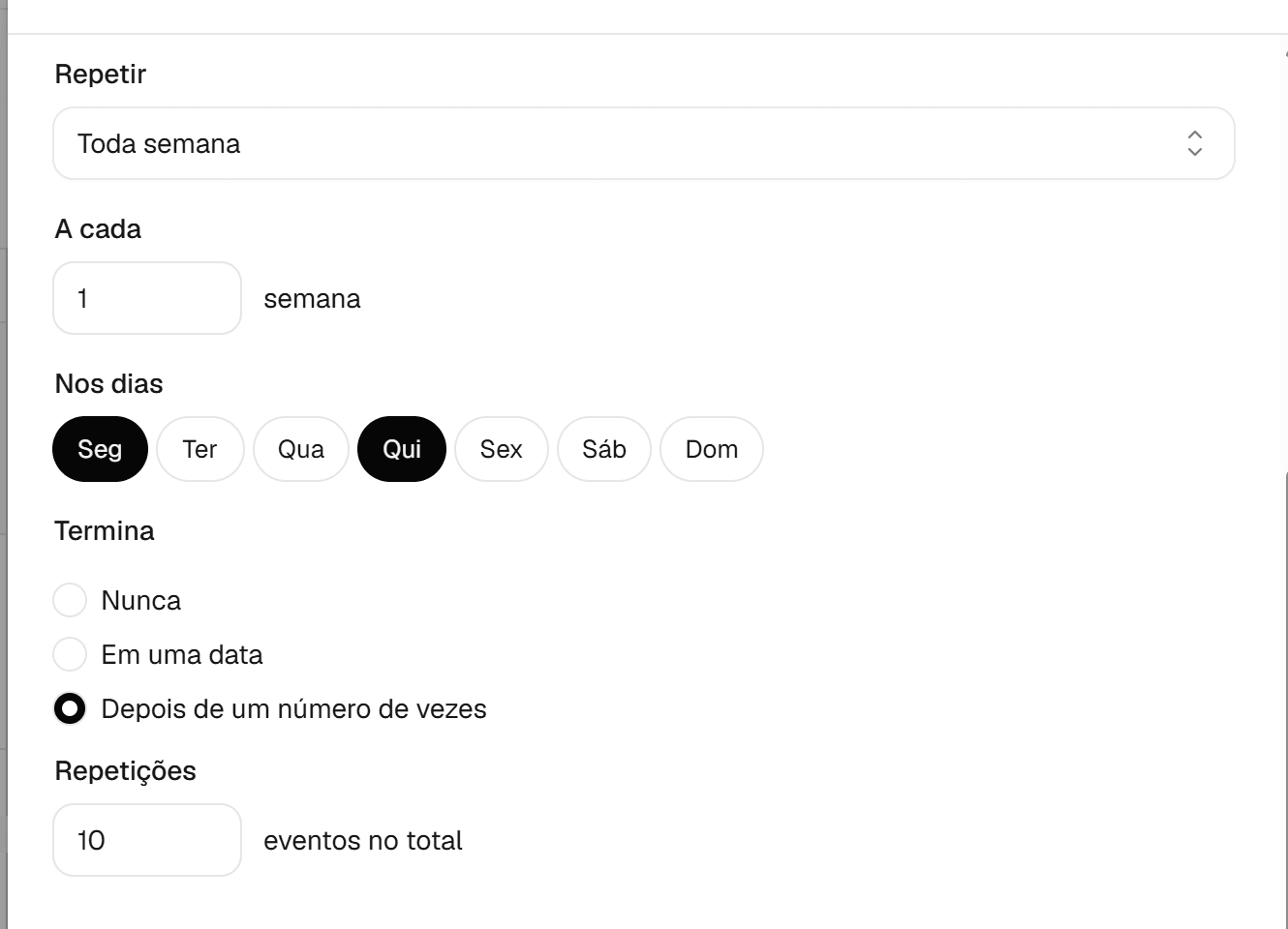 Campos de repetição do painel Novo evento com Toda semana escolhido no campo Repetir.