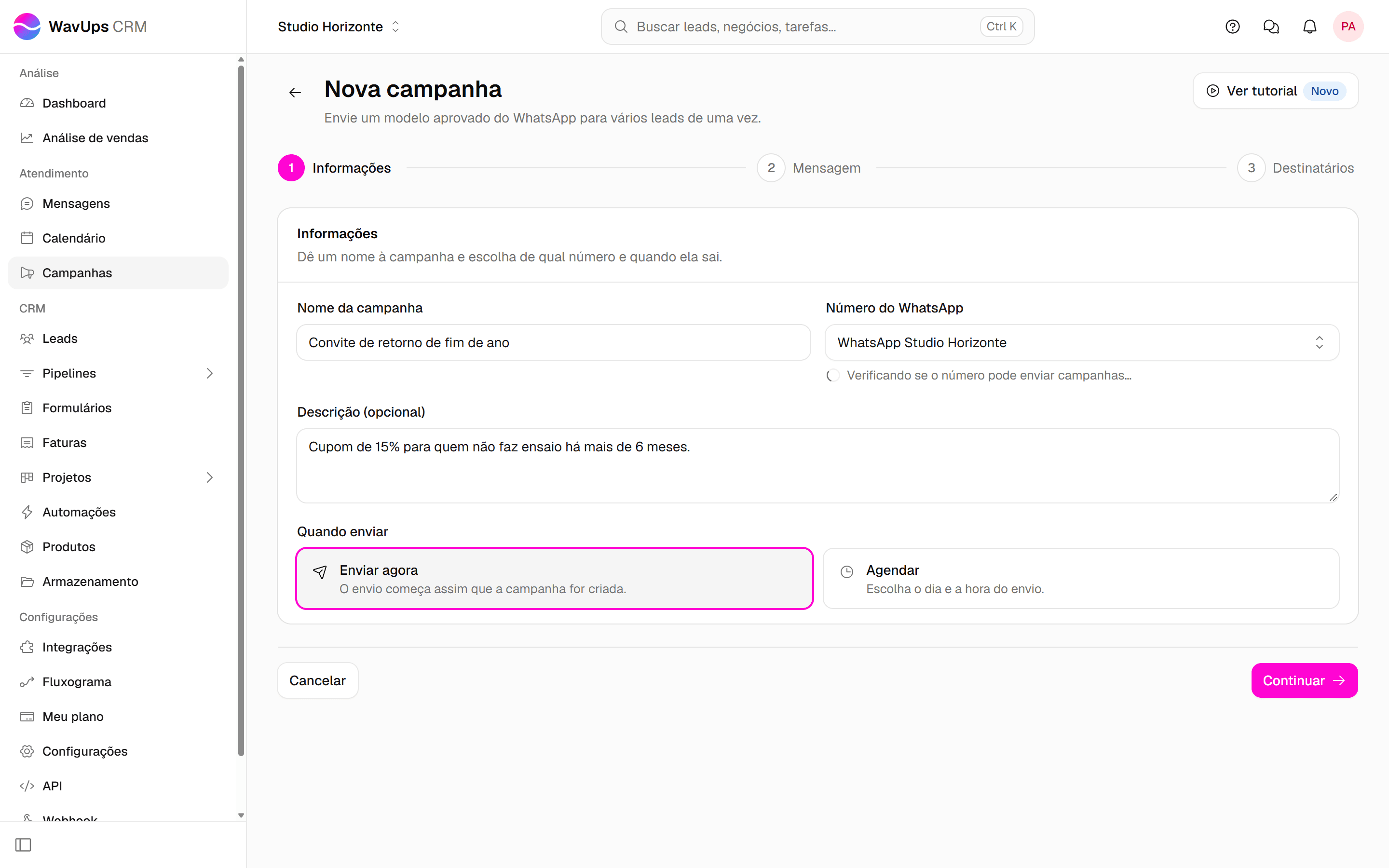 Primeira etapa da nova campanha, Informações, com o nome da campanha, o número do WhatsApp, a descrição e as opções de envio.