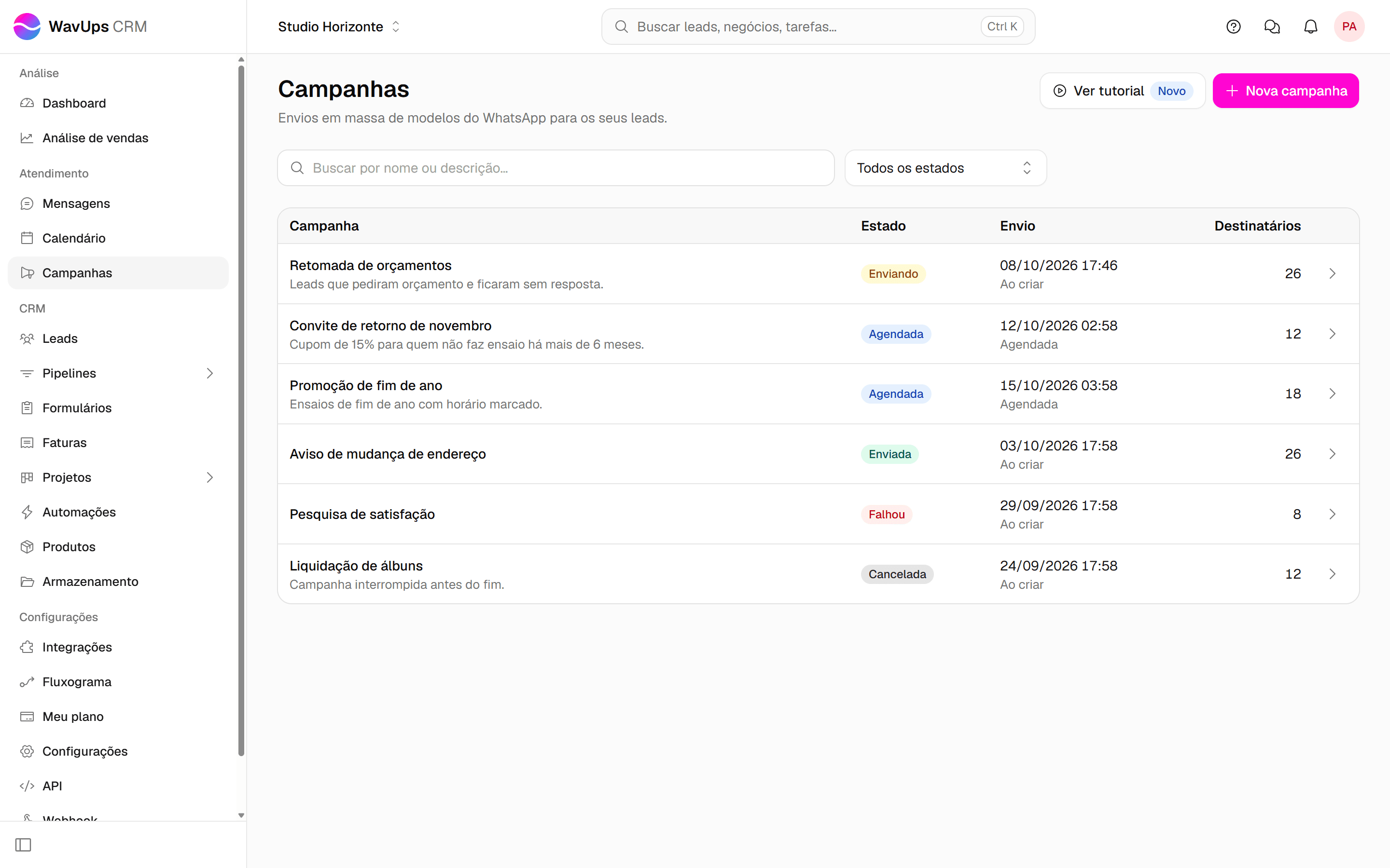 Lista de campanhas com o item Campanhas do menu lateral e o botão Nova campanha destacados.