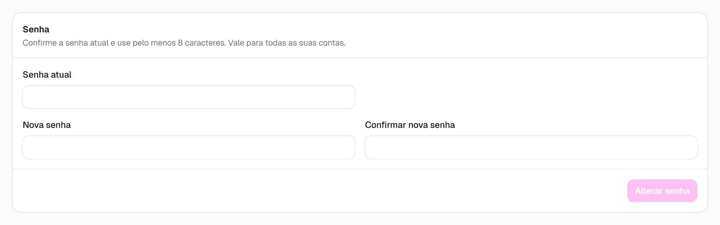 Seção Senha com os campos Senha atual, Nova senha e Confirmar nova senha e o botão Alterar senha.
