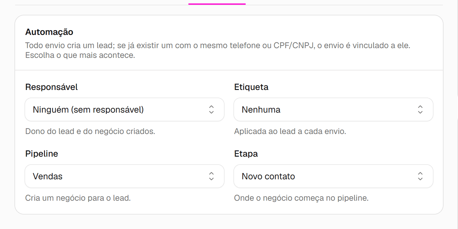 Aba Automação com os campos Responsável, Etiqueta, Pipeline e Etapa, com o pipeline Vendas e a etapa Novo contato escolhidos.