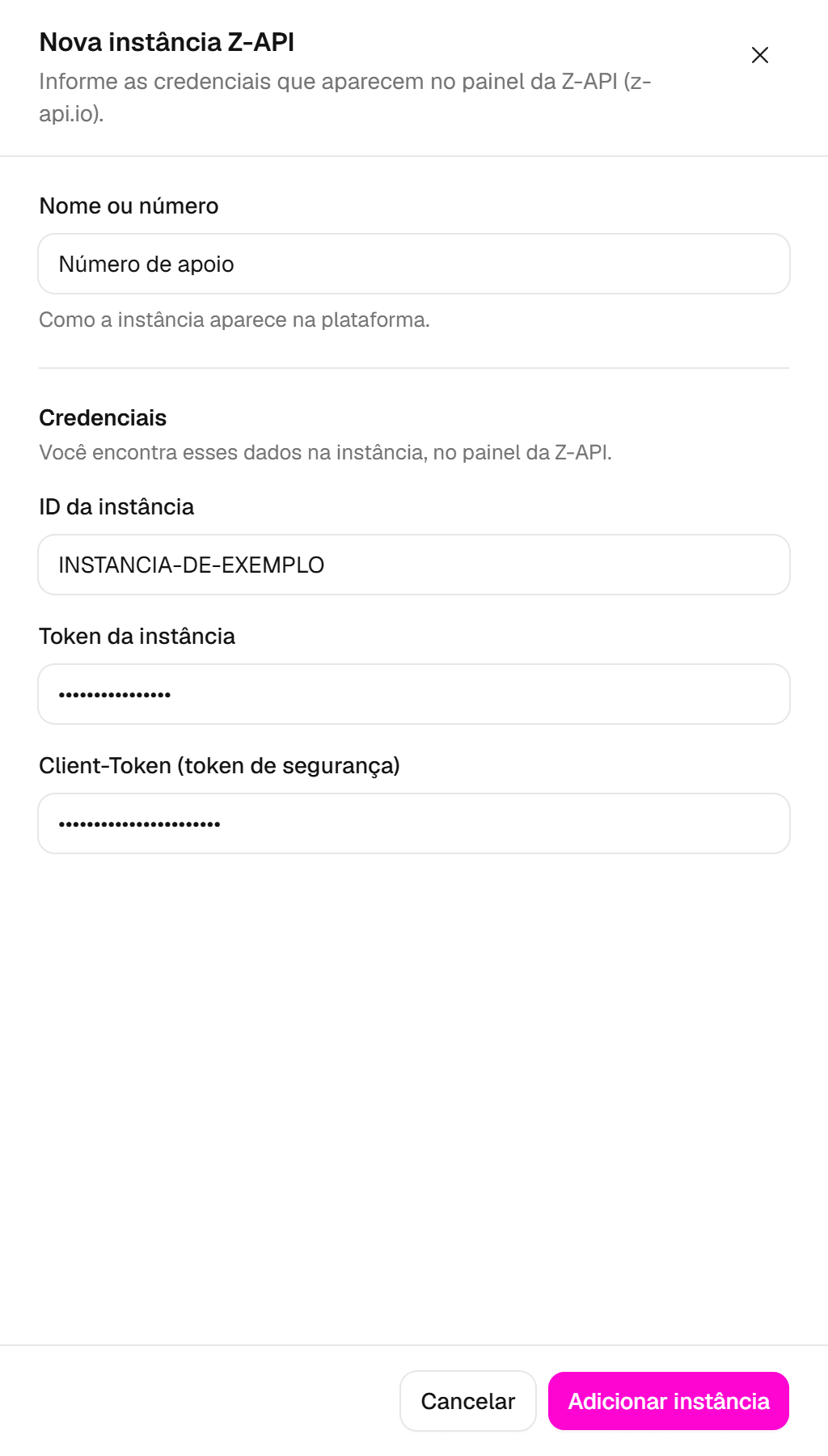 Painel da instância Z-API com o nome, o ID da instância, o token da instância e o token de segurança.