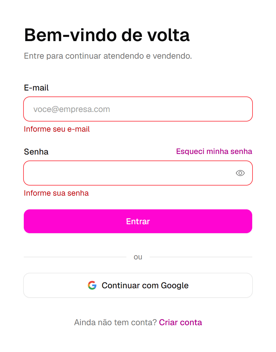Tela de login enviada com os campos vazios, mostrando os avisos "Informe seu e-mail" e "Informe sua senha".