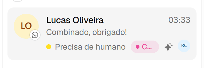 Cartão de uma conversa com foto, nome, horário, prévia da última mensagem, estado, etiqueta, ícone de resumo da IA e responsável.