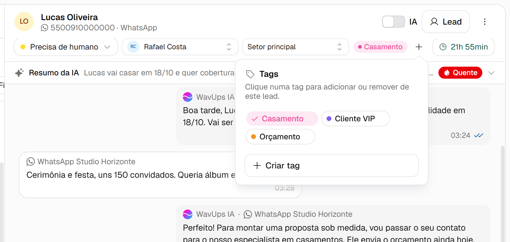Janela Tags aberta a partir do cabeçalho da conversa, com as etiquetas da conta, as marcadas com check e o botão Criar tag.