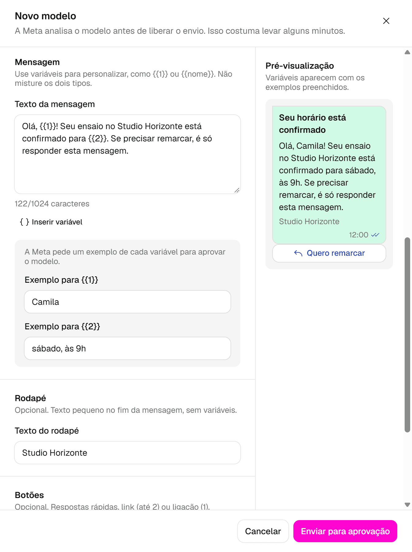 Seção Mensagem com o texto usando as variáveis {{1}} e {{2}}, o botão Inserir variável, os campos de exemplo de cada variável e o rodapé.