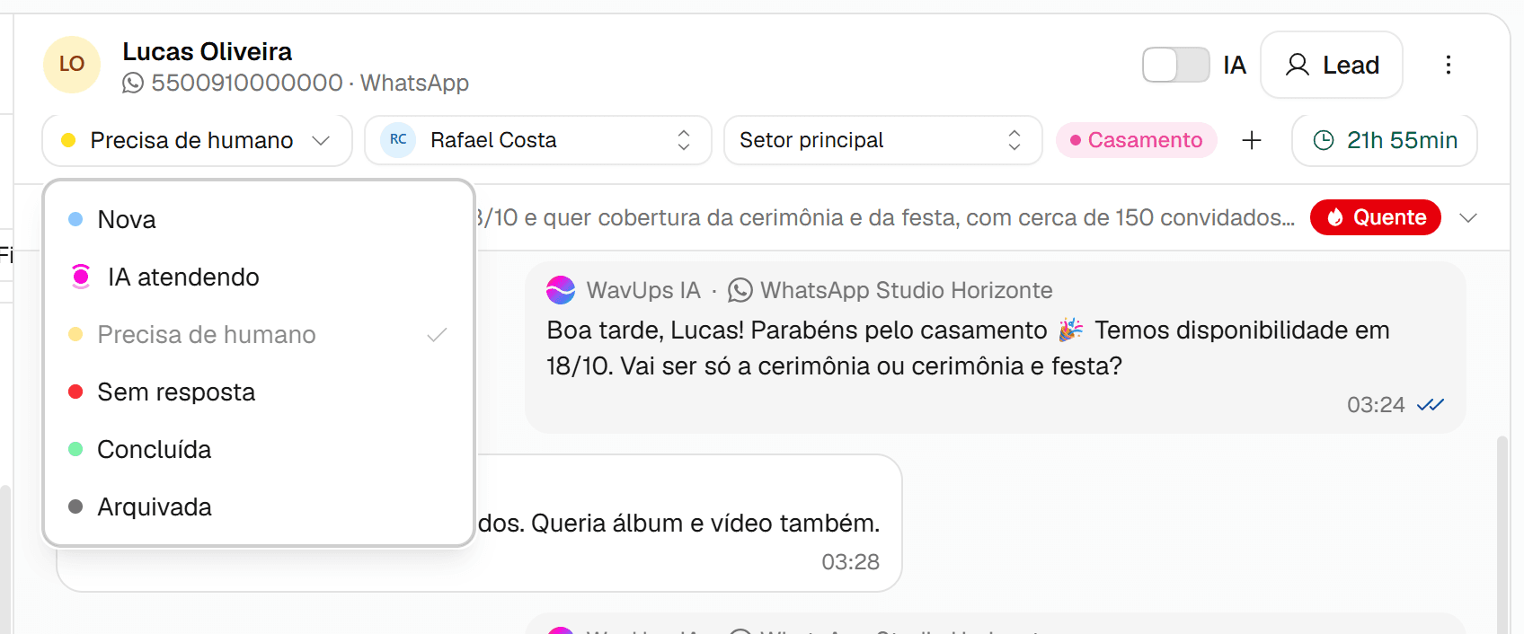 Cabeçalho da conversa com o menu de estados aberto, listando Nova, IA atendendo, Precisa de humano, Sem resposta, Concluída e Arquivada.