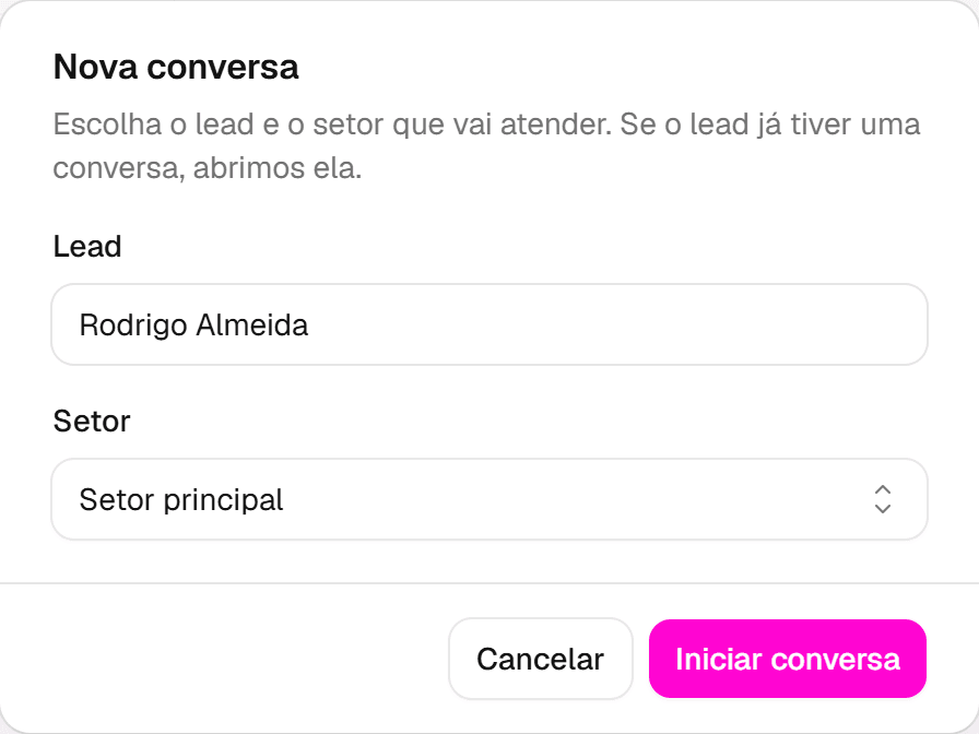 Janela Nova conversa com o lead escolhido, o campo Setor e o botão Iniciar conversa.