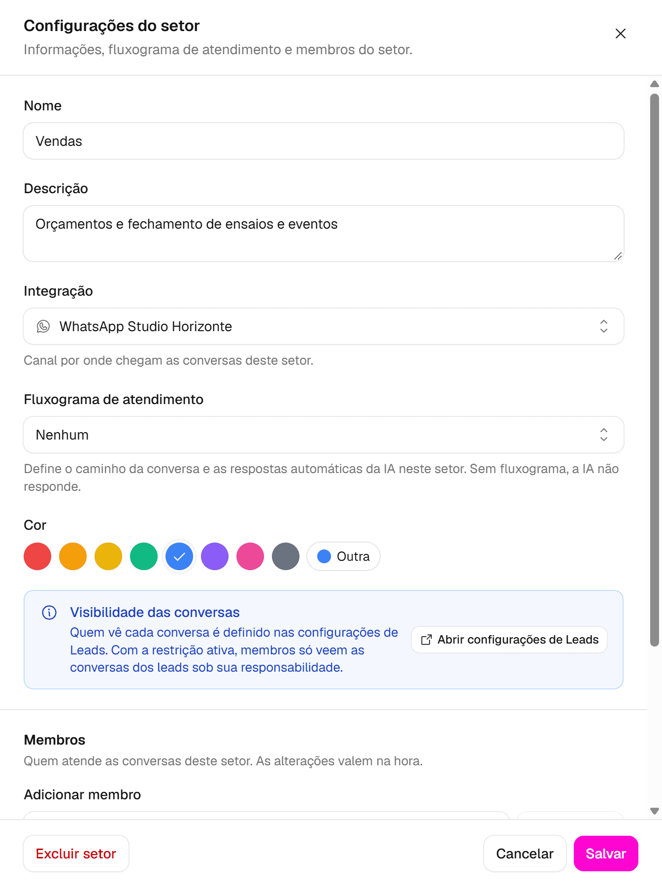 Painel Configurações do setor com os campos Nome, Descrição, Integração, Fluxograma de atendimento e Cor.