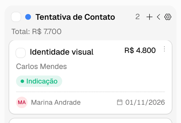Cartão de negócio no quadro com título, valor, lead, responsável e data de fechamento previsto.