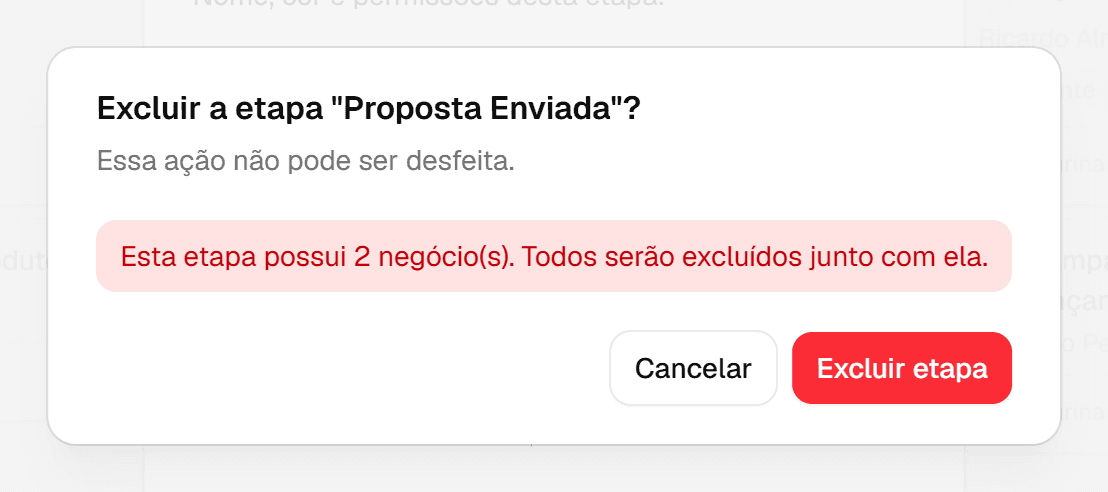 Confirmação Excluir a etapa Proposta Enviada avisando que a etapa possui 2 negócios que serão excluídos junto.