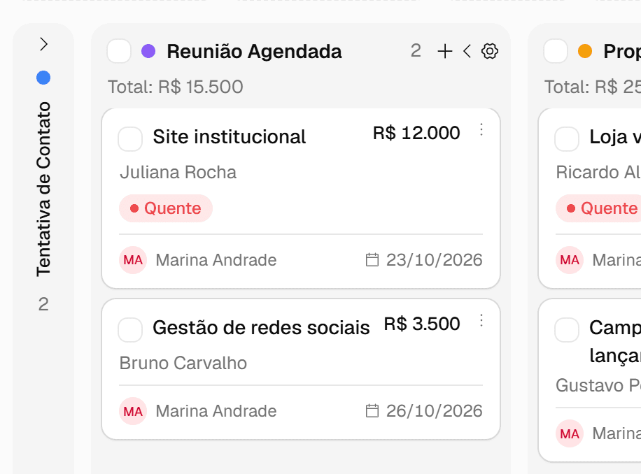 Etapa Tentativa de Contato recolhida numa faixa vertical com o botão Expandir etapa.