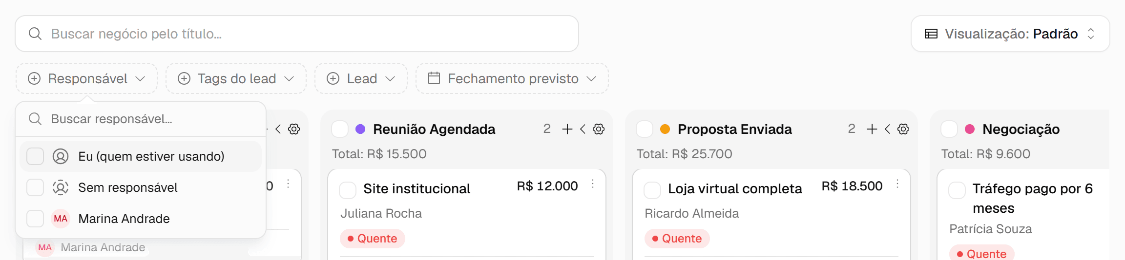 Filtro Responsável aberto com as opções Eu (quem estiver usando) e Marina Andrade.