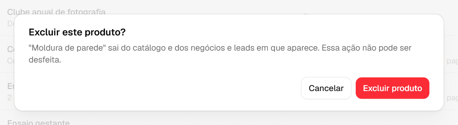 Confirmação Excluir este produto, com os botões Cancelar e Excluir produto.