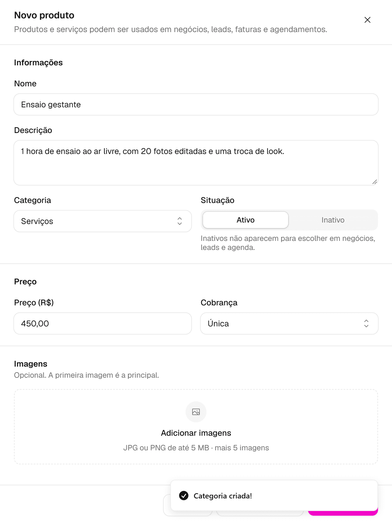 Painel Novo produto preenchido: nome Ensaio gestante, descrição, categoria Serviços, situação Ativo, preço 450,00 e cobrança Única.