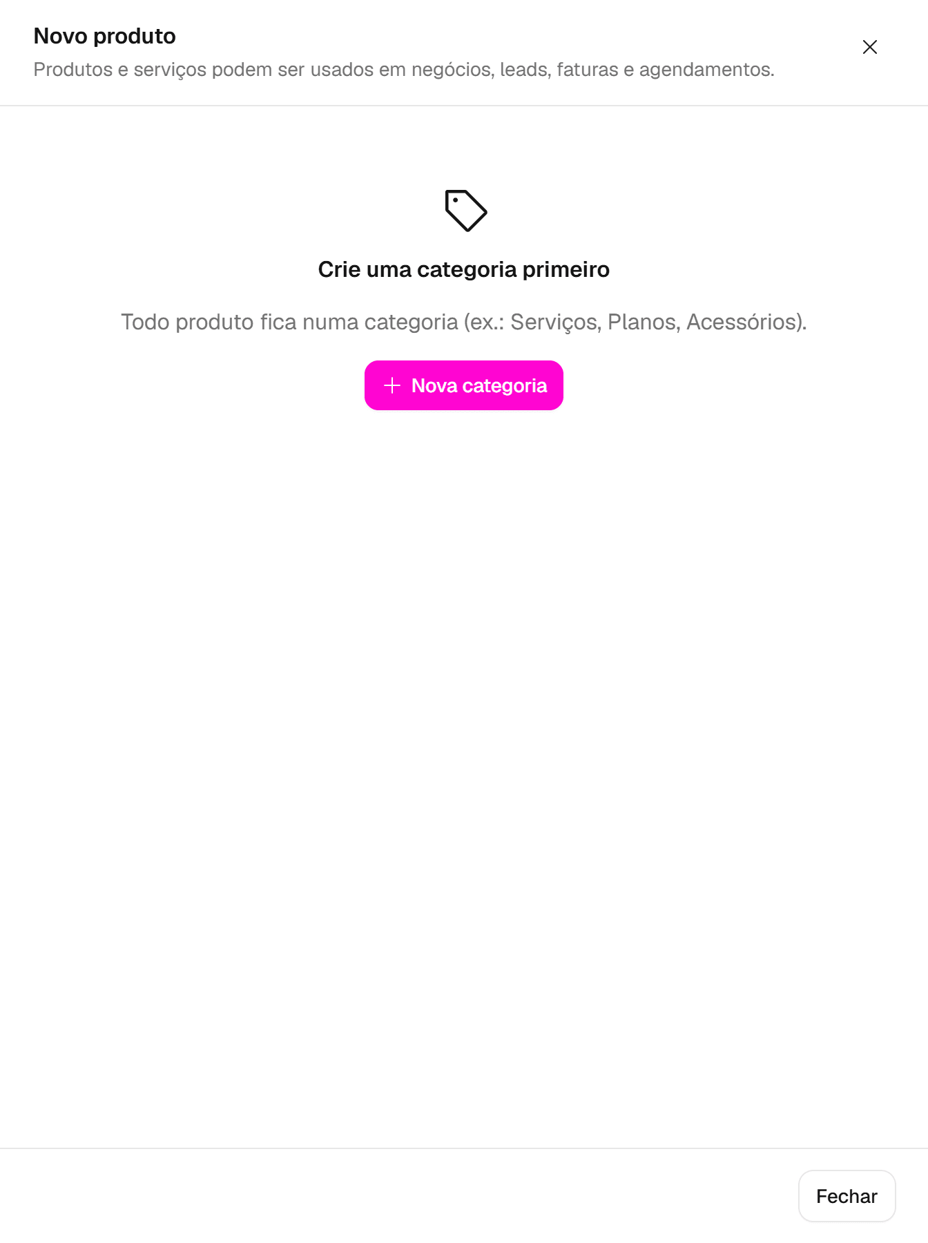 Painel Novo produto sem nenhuma categoria cadastrada, com o aviso Crie uma categoria primeiro e o botão Nova categoria.