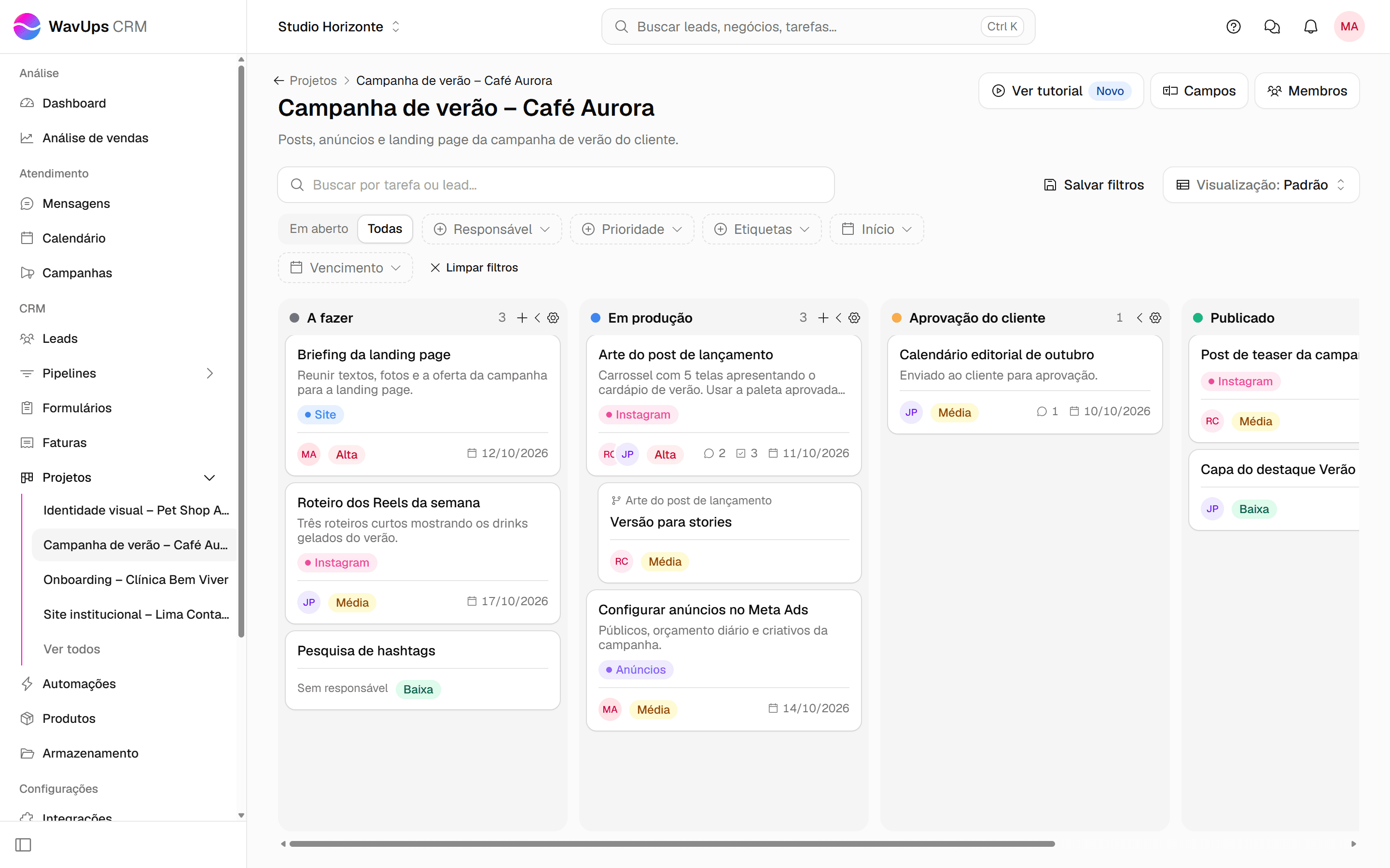 Quadro do projeto com o filtro Todas selecionado, mostrando também as tarefas da fase de conclusão Publicado.