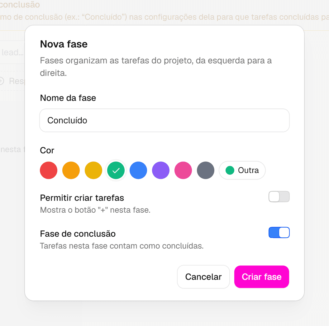 Janela Nova fase com o nome Concluído, a cor verde, a opção Permitir criar tarefas desligada e a opção Fase de conclusão ligada.