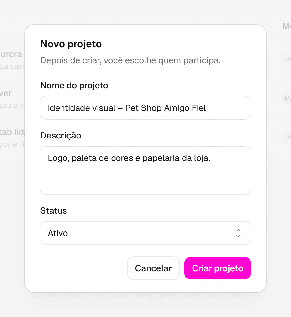 Janela Novo projeto com os campos Nome do projeto, Descrição e Status preenchidos e o botão Criar projeto.