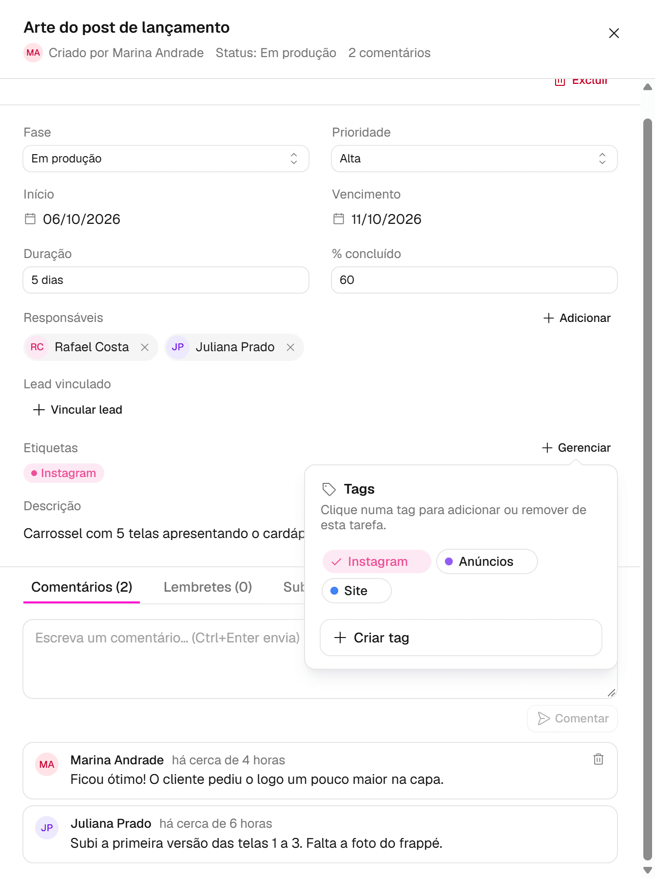 Detalhe da tarefa com a janela Tags aberta, mostrando as etiquetas do projeto e o botão Criar tag.