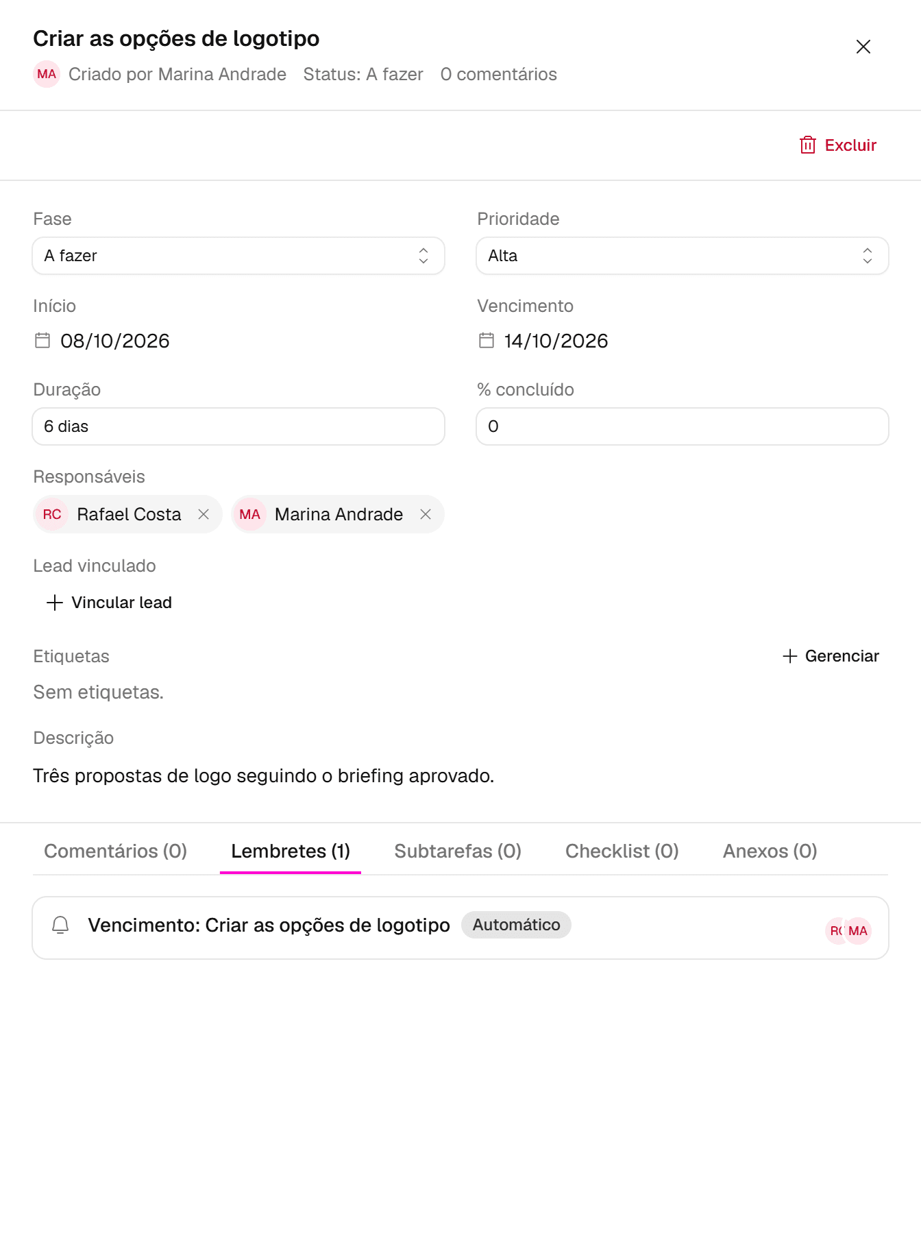 Aba Lembretes da tarefa com o lembrete automático de vencimento, a data e as fotos dos responsáveis.